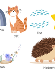A children's educational poster featuring cute cartoon illustrations with English labels: a blue rainbow, a cat, fish, a yellow star, an ocean scene, and a hedgehog, all on a white background.