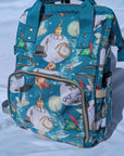 Backpack with cartoon character design on a white surface