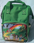 Green backpack with colorful cartoon design of the friends from Wizard of Oz