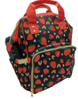 Backpack with strawberry pattern on a white surface