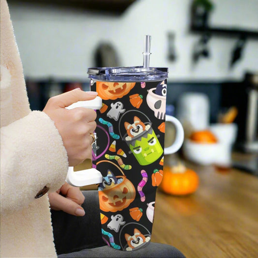 Large Stainless Steel Insulated Travel Flask with Handle – Spooky Edition - Green Cheeks - Travel Mug