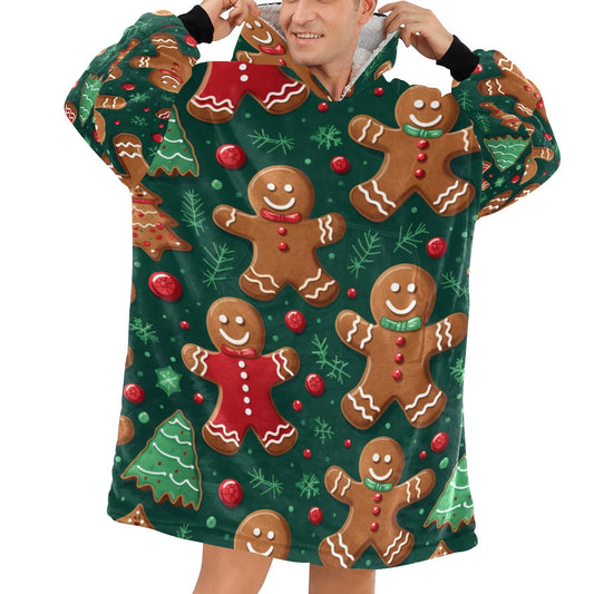 Gingerbread Delight - Cosy Fleece Hooded Blanket - Green Cheeks - Blanket Hoodie for Men