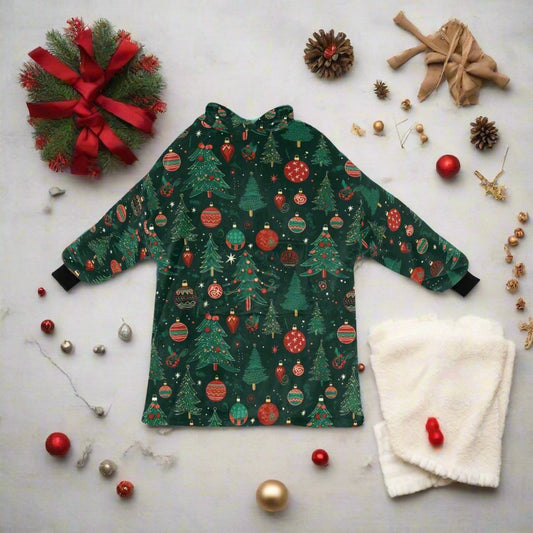 Traditional Christmas - Cosy Fleece Hooded Blanket - Green Cheeks - Blanket Hoodie for Men