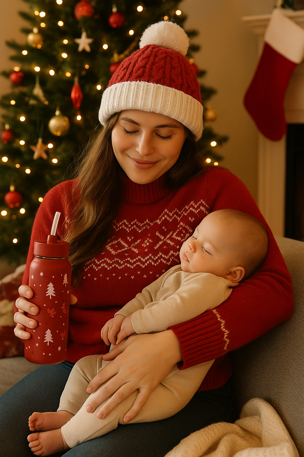 A new mother wearing a red Christmas jumper and wool hat smiles while holding her sleeping baby in front of a decorated Christmas tree and festive lights.