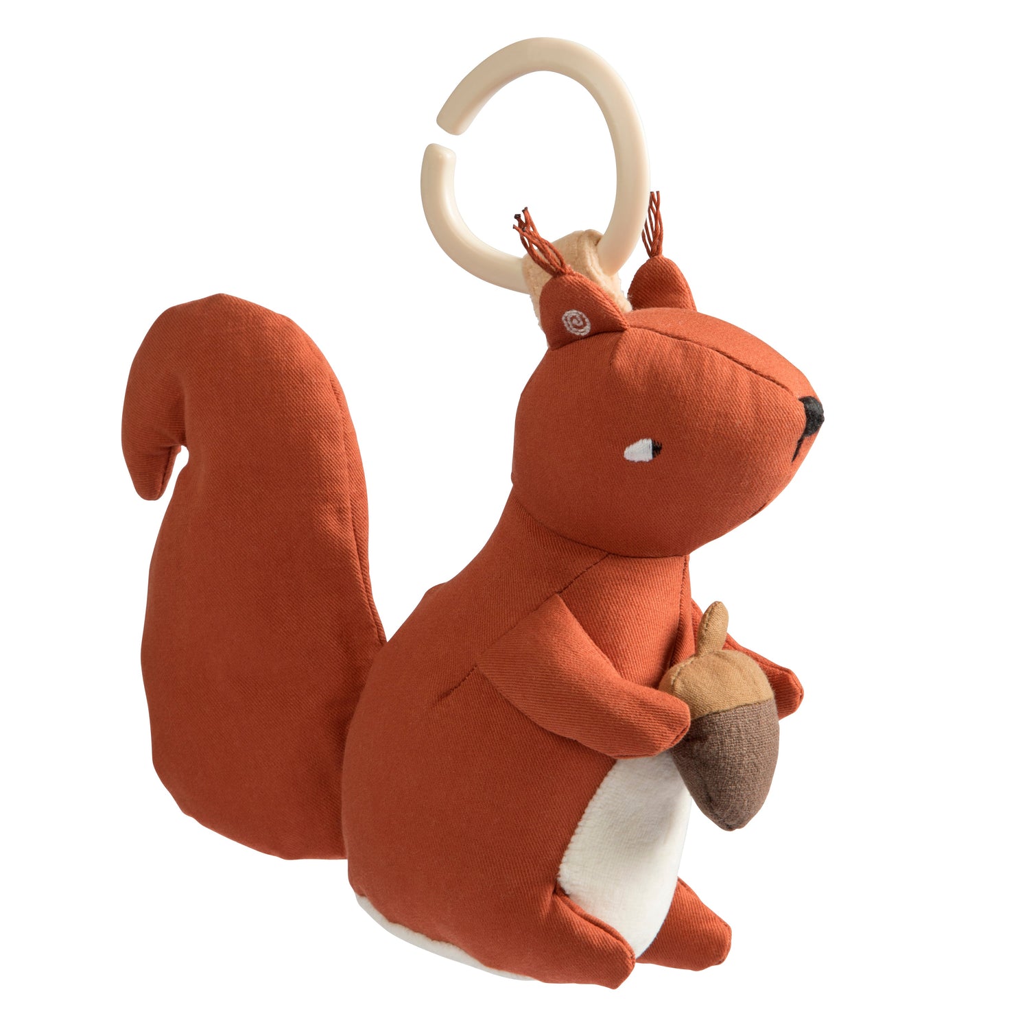 A cute squirrel toy, that can be hung from the pram or cot. 
