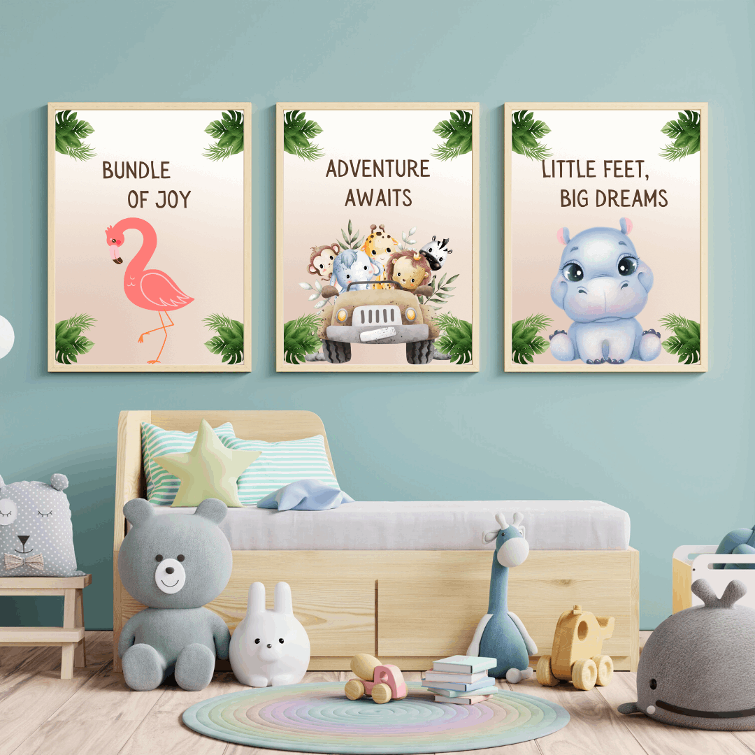 Cute Safari Animals: A playful illustration featuring a lion, elephant, zebra, and giraffe in soft pastel colors, perfect for a baby's nursery