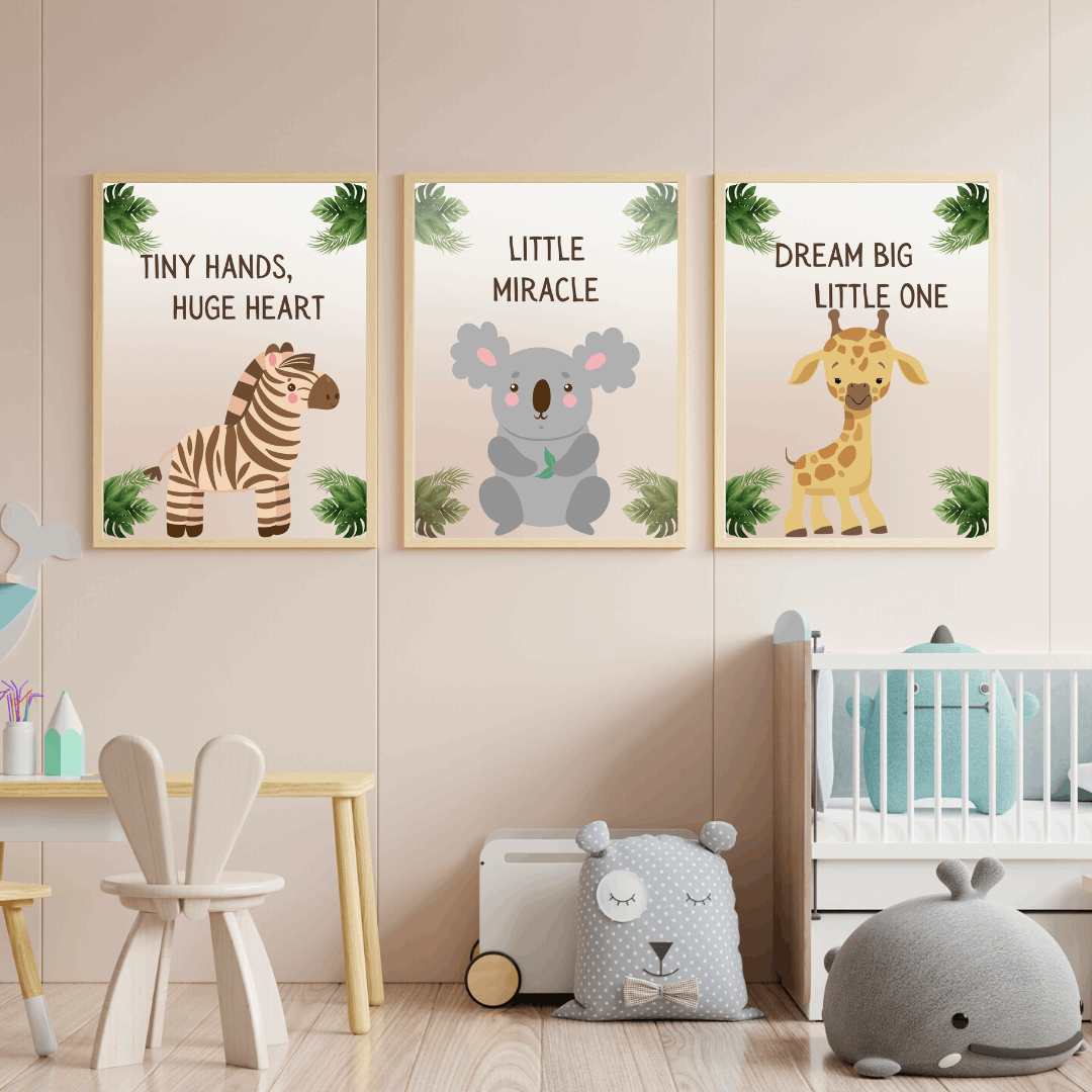 Cute Safari Animals: A playful illustration featuring a lion, elephant, zebra, and giraffe in soft pastel colors, perfect for a baby's nursery