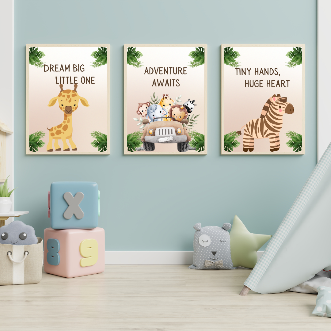 Cute Safari Animals: A playful illustration featuring a lion, elephant, zebra, and giraffe in soft pastel colors, perfect for a baby's nursery