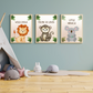 Cute Safari Animals: A playful illustration featuring a lion, elephant, zebra, and giraffe in soft pastel colors, perfect for a baby's nursery