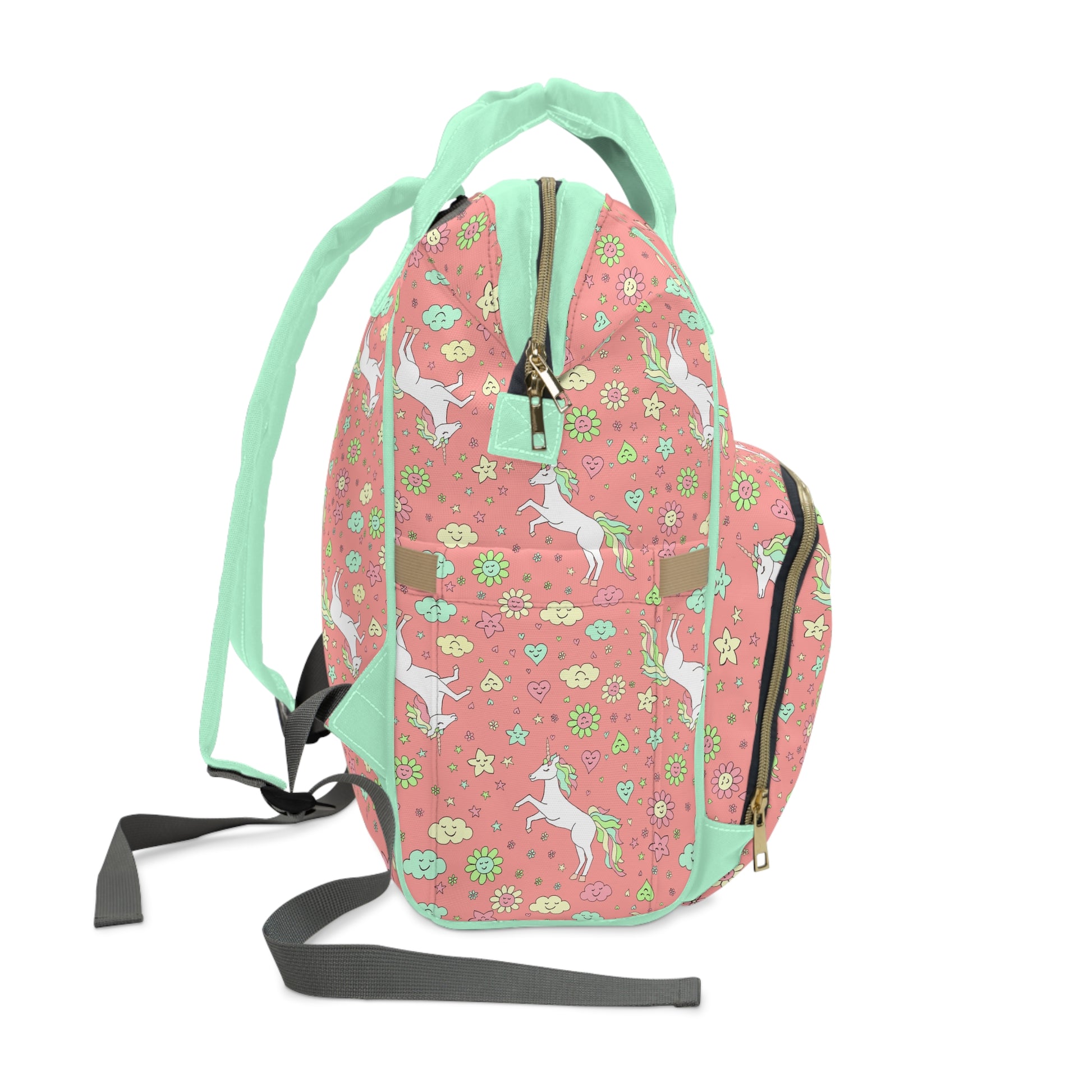Pink unicorn-themed baby changing backpack, perfect for cloth nappies and on-the-go parenting