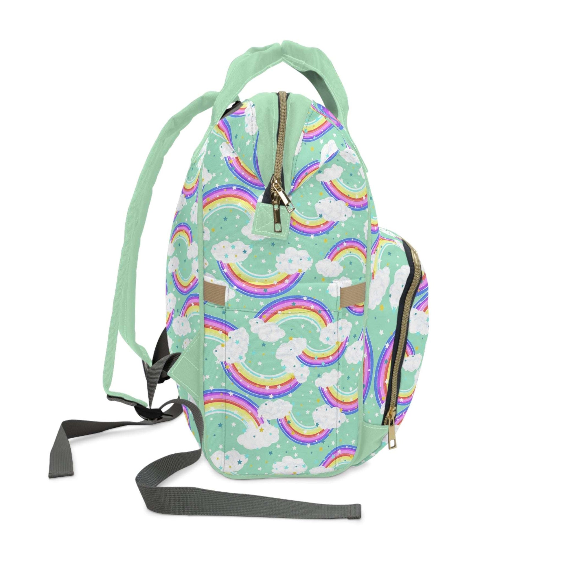 Unique green rainbow-themed baby changing backpack for stylish and practical parenting