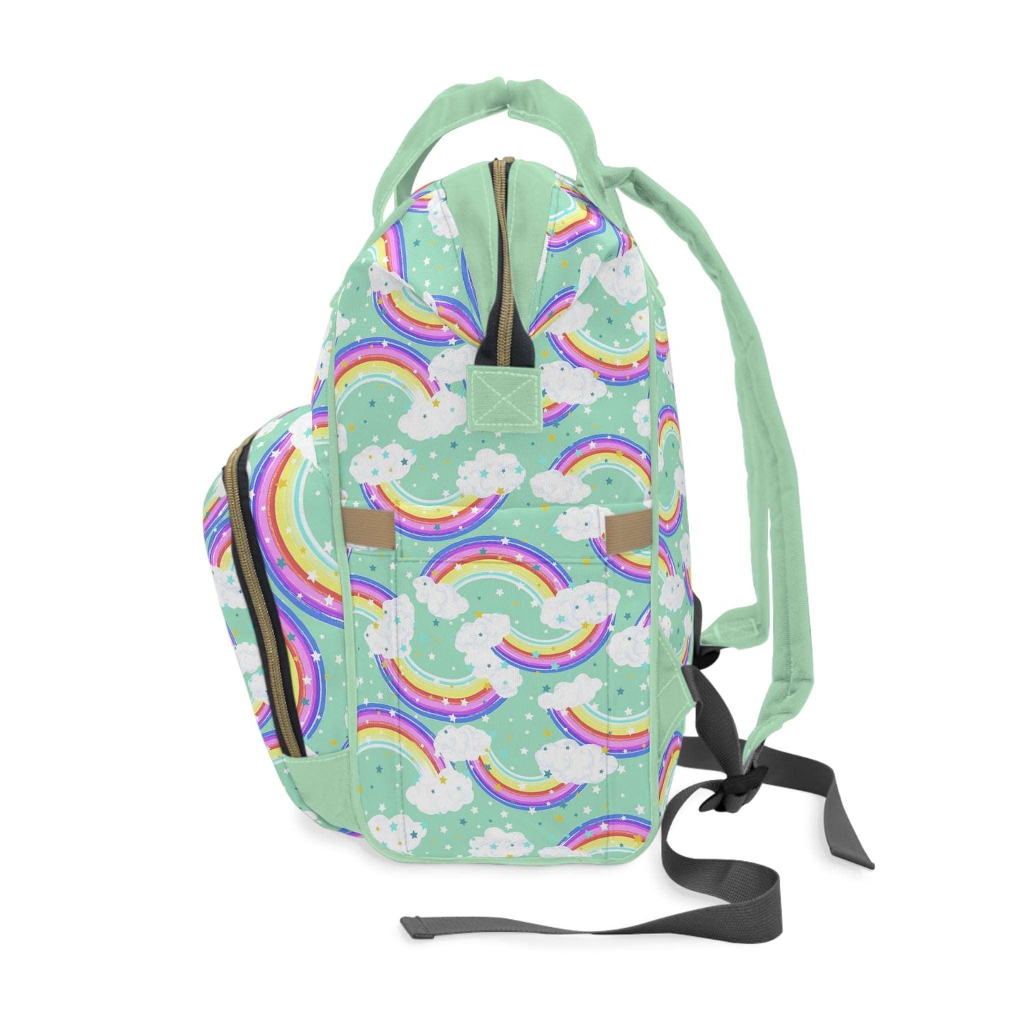 Unique green rainbow-themed baby changing backpack for stylish and practical parenting