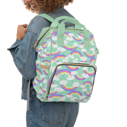 Unique green rainbow-themed baby changing backpack for stylish and practical parenting