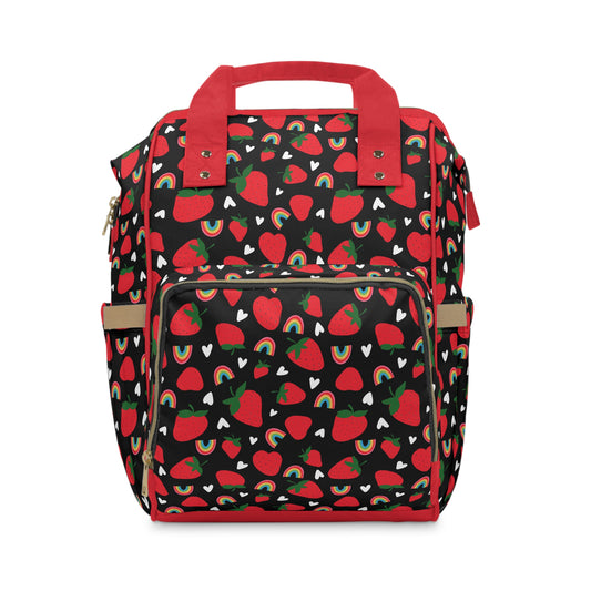 Black strawberry-print baby change backpack