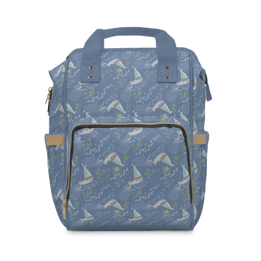 Fisherman-inspired diaper bag in stylish blue