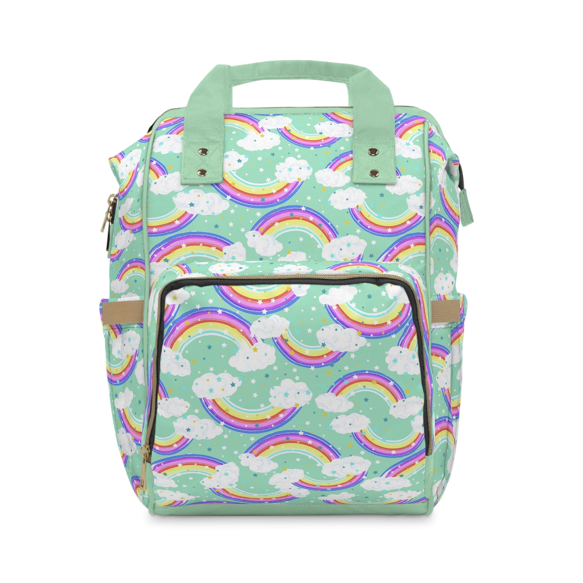 Unique green rainbow-themed baby changing backpack for stylish and practical parenting
