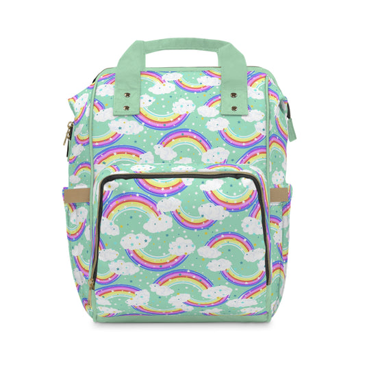 Unique green rainbow-themed baby changing backpack for stylish and practical parenting