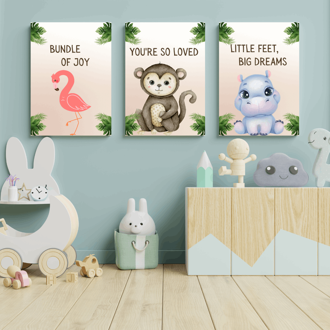 Cute Safari Animals: A playful illustration featuring a lion, elephant, zebra, and giraffe in soft pastel colors, perfect for a baby's nursery