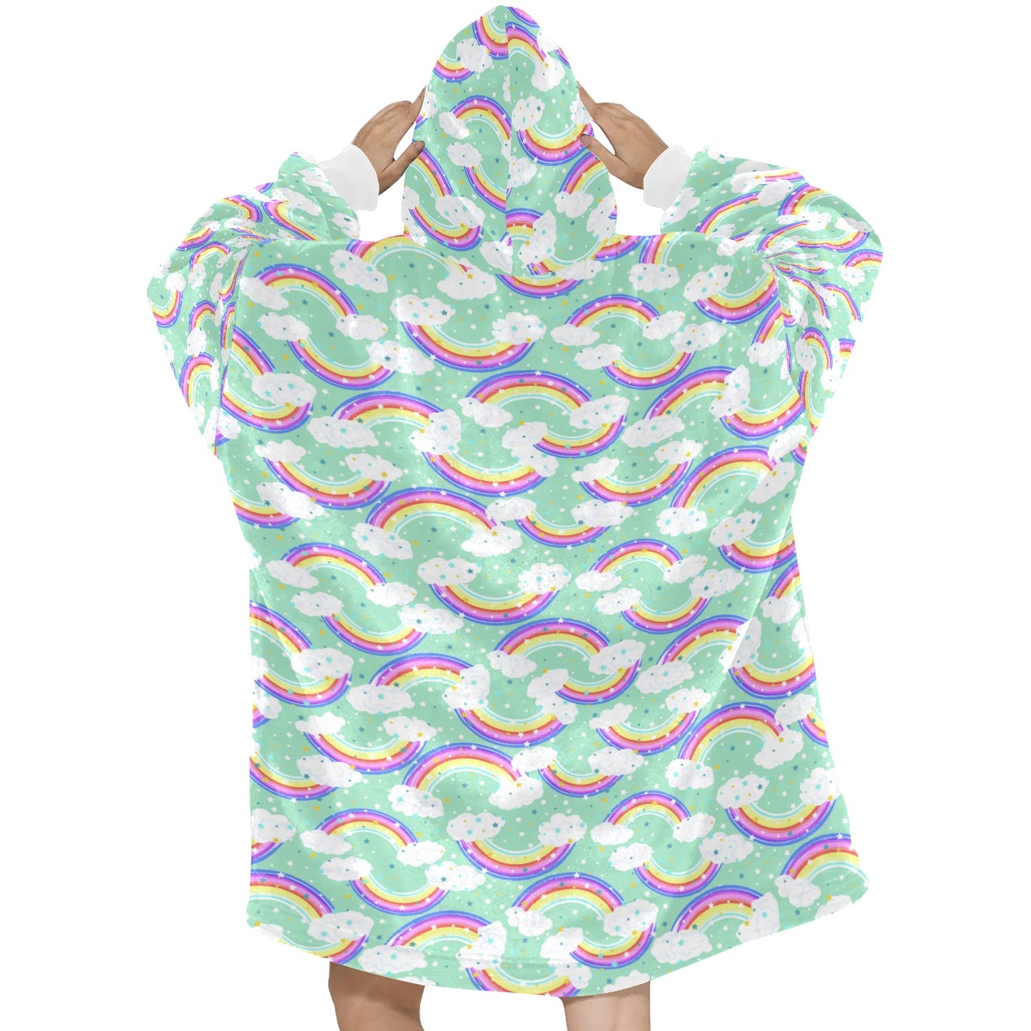 Green rainbow hooded fleece Oodie blanket - A cozy, vibrant fleece blanket with a hood featuring a green base and a colorful rainbow design.