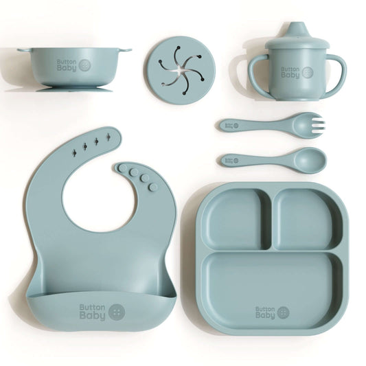 7 - Piece Silicone Baby Weaning Set – BPA - Free | Bowl, Plate, Cup, Cutlery & Bib. - Dusty Blue - Green Cheeks - Weaning Set