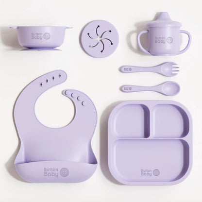 7 - Piece Silicone Baby Weaning Set – BPA - Free | Bowl, Plate, Cup, Cutlery & Bib - Lilac - Green Cheeks - 