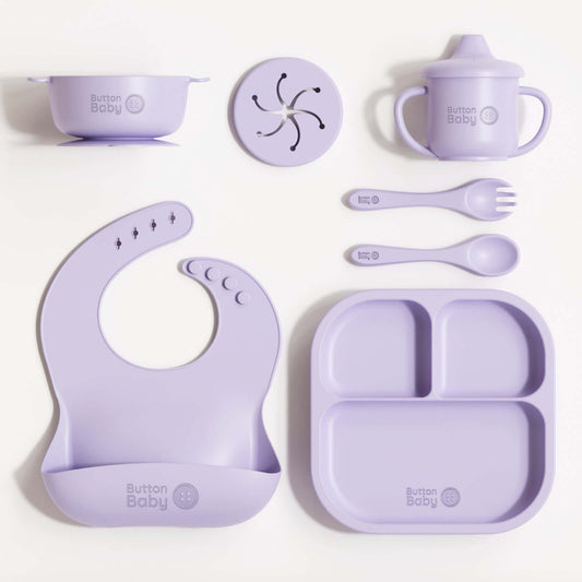 7 - Piece Silicone Baby Weaning Set – BPA - Free | Bowl, Plate, Cup, Cutlery & Bib - Lilac - Green Cheeks - 