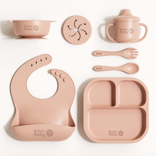 7 - Piece Silicone Baby Weaning Set – BPA - Free | Bowl, Plate, Cup, Cutlery & Bib - Pink - Green Cheeks - 