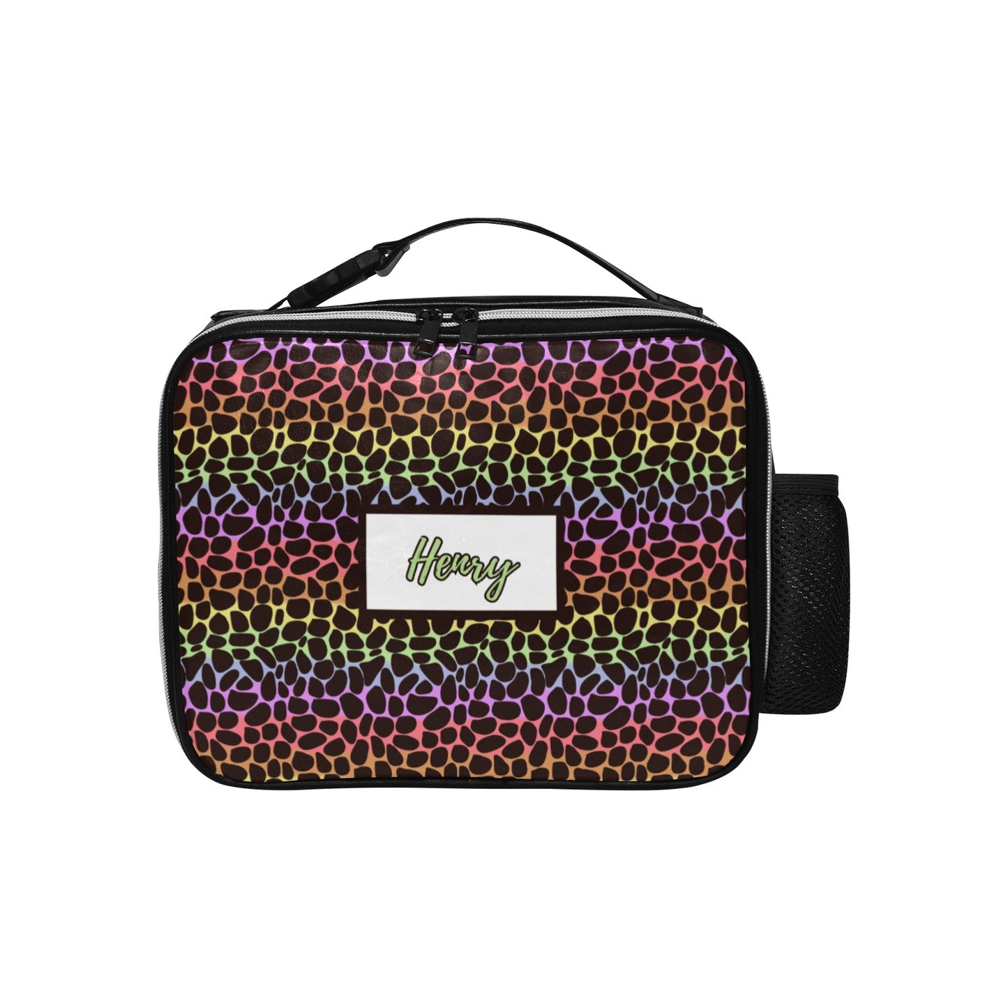 Personalised Insulated Lunch Bag with Child's Name - Rainbow Animal Leopard Print