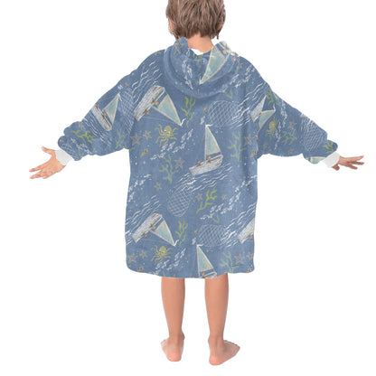 Blue Nautical Fleece Hooded Blanket
