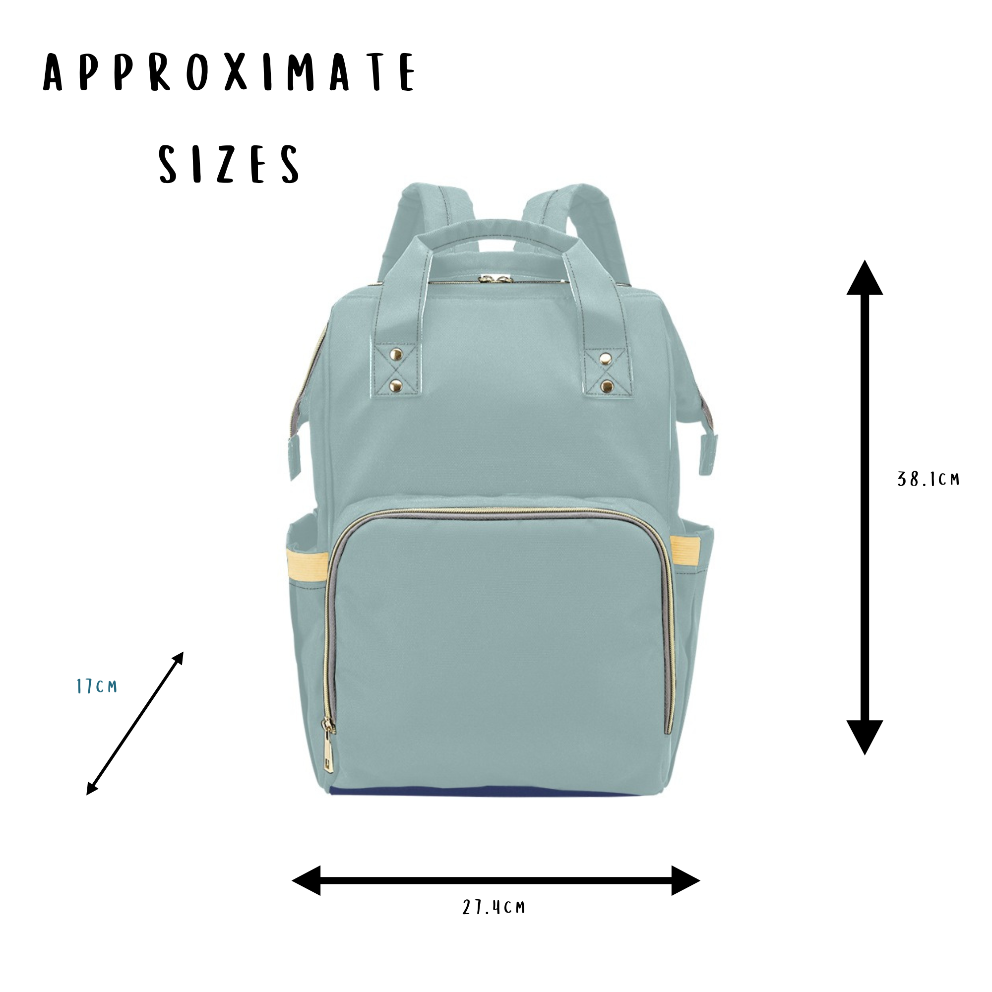 Light blue backpack with measurements on a white background
