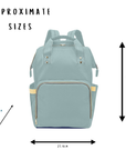 Light blue backpack with measurements on a white background