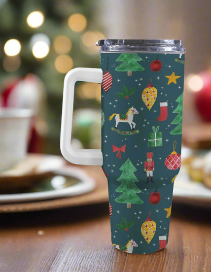 Front view of 40oz Christmas-themed Stanley-style tumbler featuring a traditional, warm festive pattern.