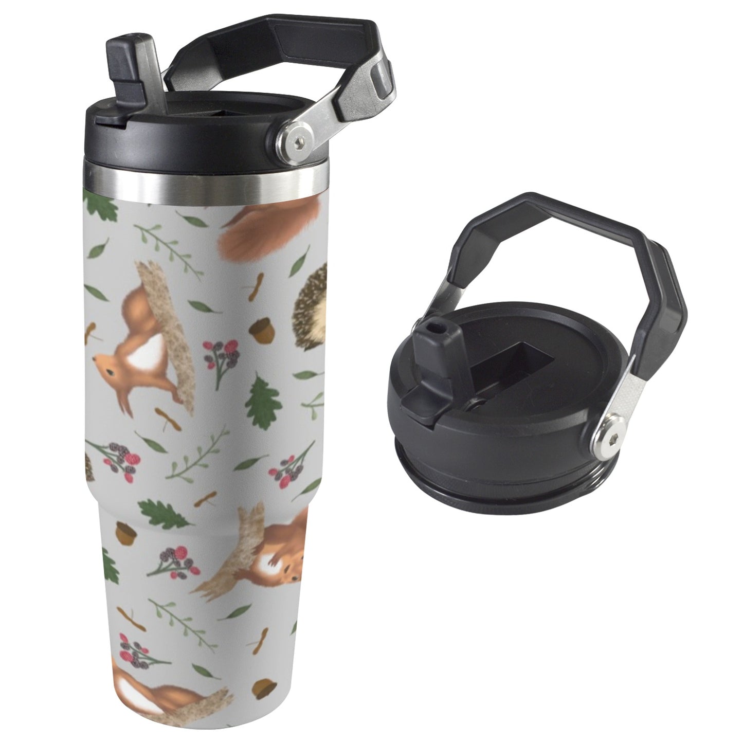 30oz stainless steel insulated water bottle with handle and straw in [squirrel hedgehog autumn], featuring double-wall insulation for hot and cold drinks, perfect for work, gym, and travel.