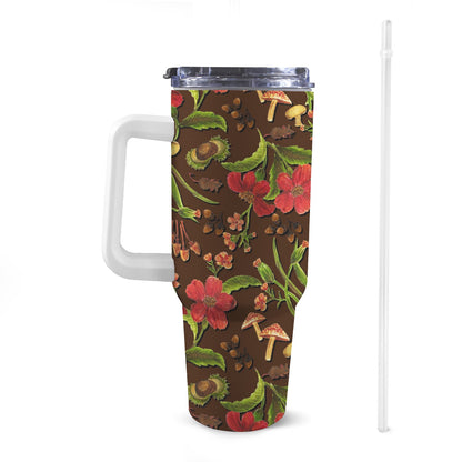 Front view of 40oz mushroom foraging Stanley-style tumbler with a white handle, featuring exclusive colourful patterns