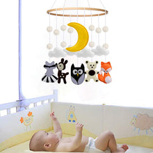 Load image into Gallery viewer, Close-up view of handcrafted woodland animals, including a fox, owl, deer, and bear, made from soft felt for the Woodland Baby Cot Mobile
