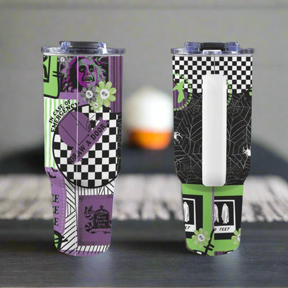 Handle view of 40oz Beetlejuice Stanley-style tumbler with a white handle, featuring exclusive colourful patterns.