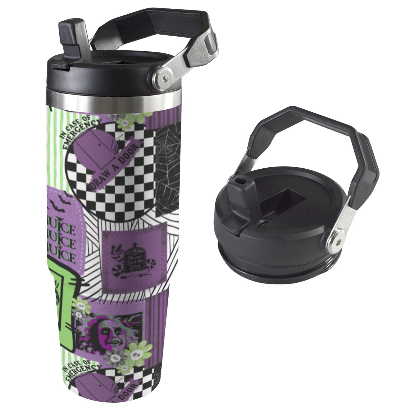 Side profile of 30oz stainless steel insulated water bottle with ergonomic handle and flip straw lid, shown in Beetlejuice, Beetlejuice