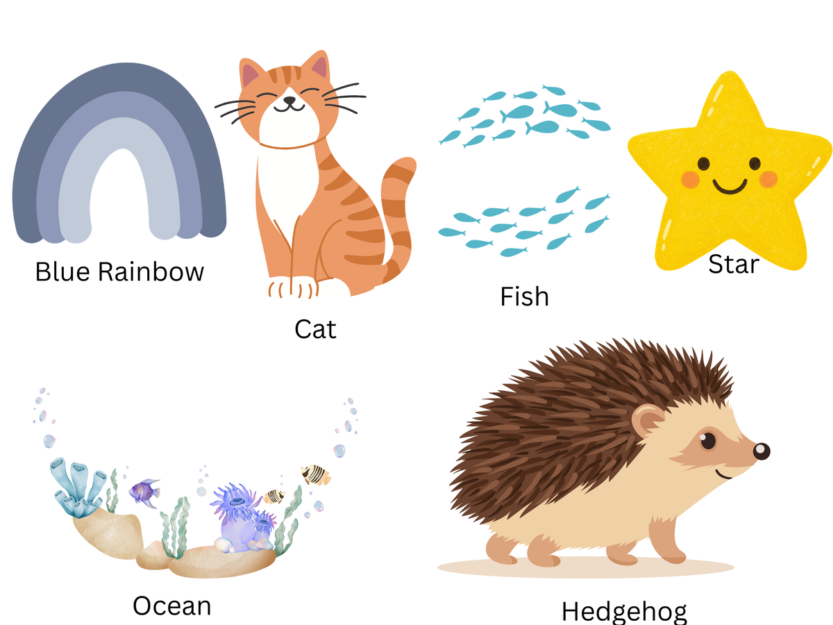 A children's educational poster featuring cute cartoon illustrations with English labels: a blue rainbow, a cat, fish, a yellow star, an ocean scene, and a hedgehog, all on a white background.