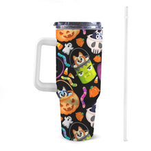 Carica l&#39;immagine nel visualizzatore di Gallery, Front view of 40oz Bluey Stanley-style tumbler with a white handle, featuring exclusive colourful patterns.
