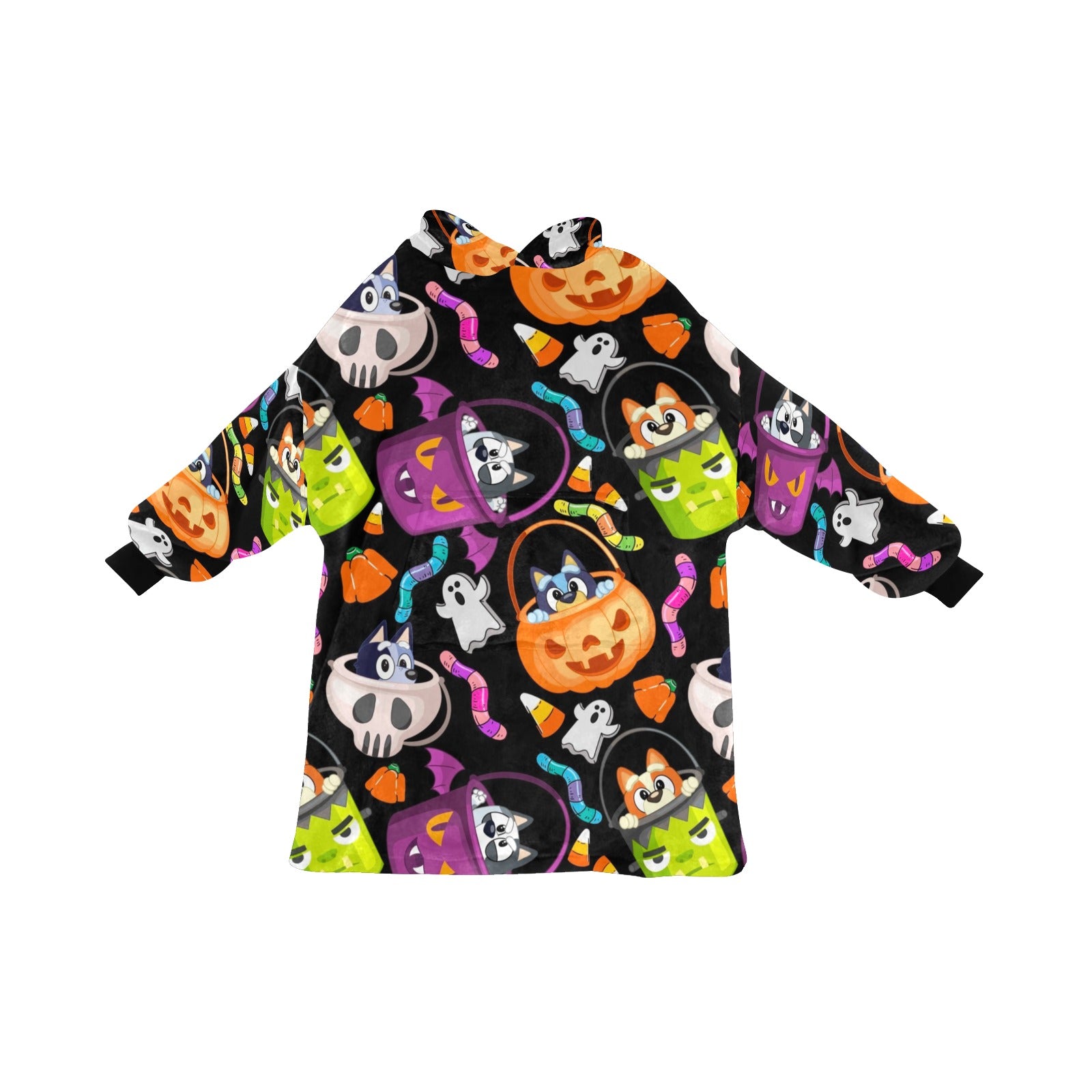 a Bluey halloween hooded fleece blanket flat lay