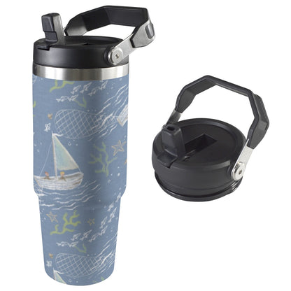 30oz stainless steel insulated water bottle with handle and straw in gone fishing, featuring double-wall insulation for hot and cold drinks, perfect for work, gym, and travel.