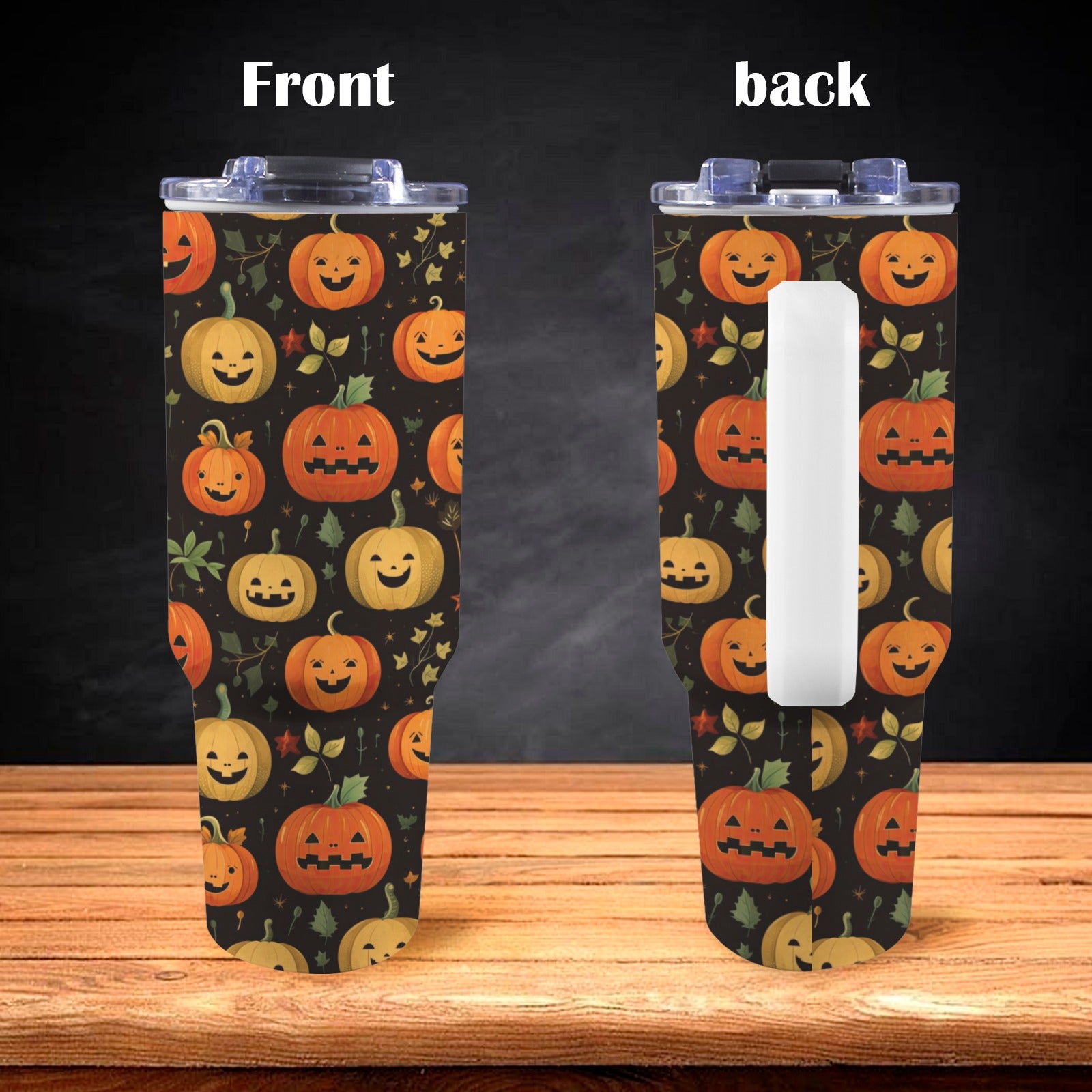 Both sides of the Halloween Pumpkin Stanley Cup