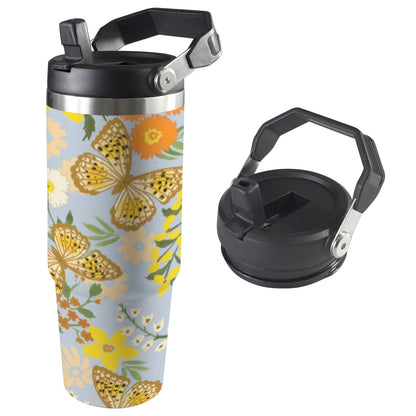 30oz stainless steel insulated water bottle with handle and straw in [butterfly floral], featuring double-wall insulation for hot and cold drinks, perfect for work, gym, and travel.