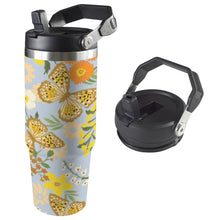 Load image into Gallery viewer, 30oz stainless steel insulated water bottle with handle and straw in [butterfly floral], featuring double-wall insulation for hot and cold drinks, perfect for work, gym, and travel.
