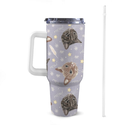 Front view of 40oz Cat Kitten Print Stanley-style tumbler with a white handle, featuring exclusive colourful patterns