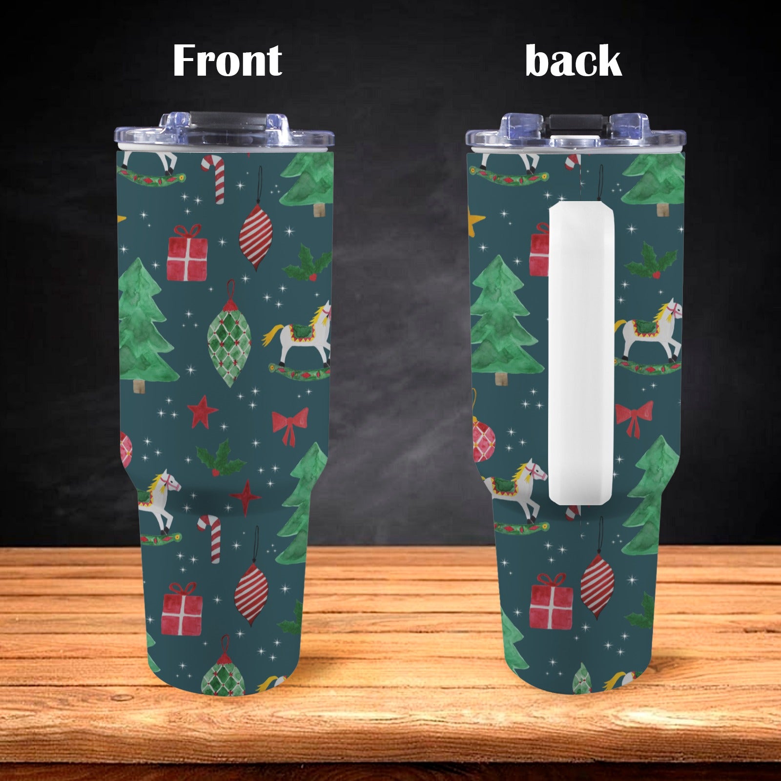 Side view of 40oz tumbler with traditional Christmas scene design, including Santa and Christmas trees.