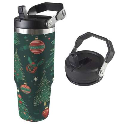 900ml stainless steel insulated water bottle with handle and straw in Traditional Christmas, featuring double-wall insulation for hot and cold drinks, perfect for work, gym, and travel.