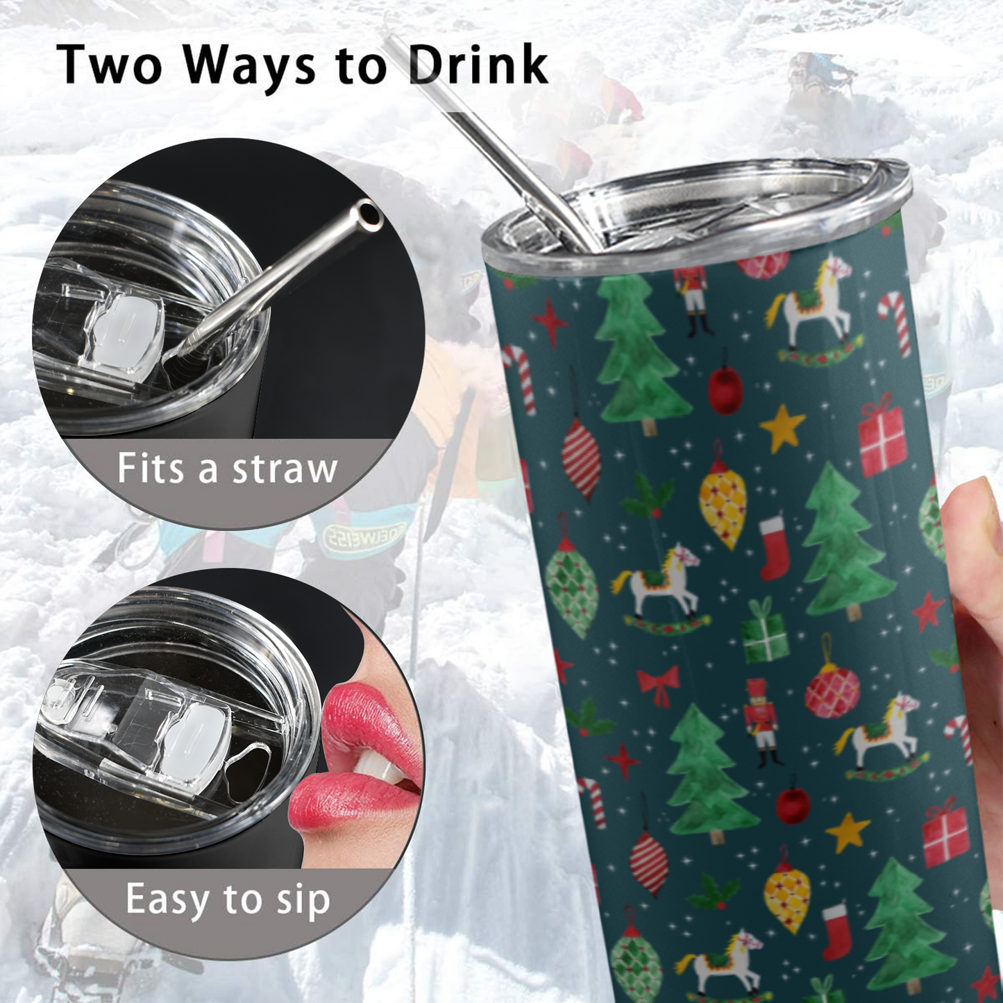 Christmas themed close up of an adult sippy cup tumbler