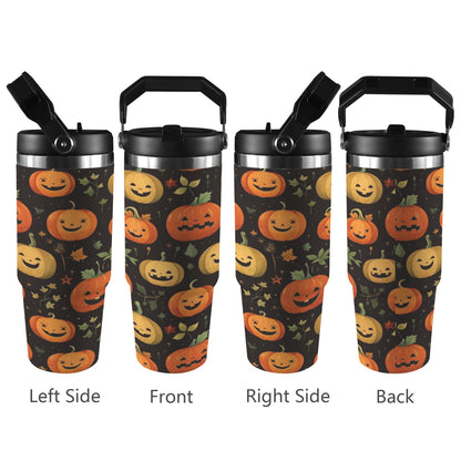 Close-up of flip straw lid on 30oz stainless steel water bottle with durable top handle, shown in Jack O Pumpkin, ideal for Halloween.