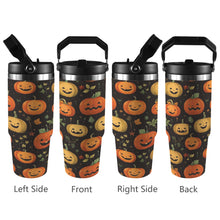 Load image into Gallery viewer, Close-up of flip straw lid on 30oz stainless steel water bottle with durable top handle, shown in Jack O Pumpkin, ideal for Halloween.
